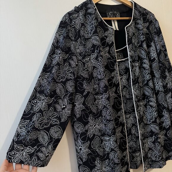 VTG Alex Evenings 2 Piece Set 2X Black White Lignt Blue Floral Sparkle JacketTop - Picture 9 of 16